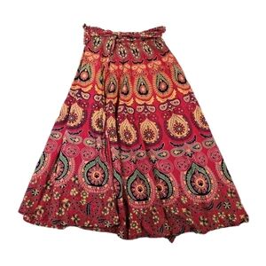 Red Colorful Boho Cotton Wrap Maxi Skirt Artsy Art To Wear One Size Festival